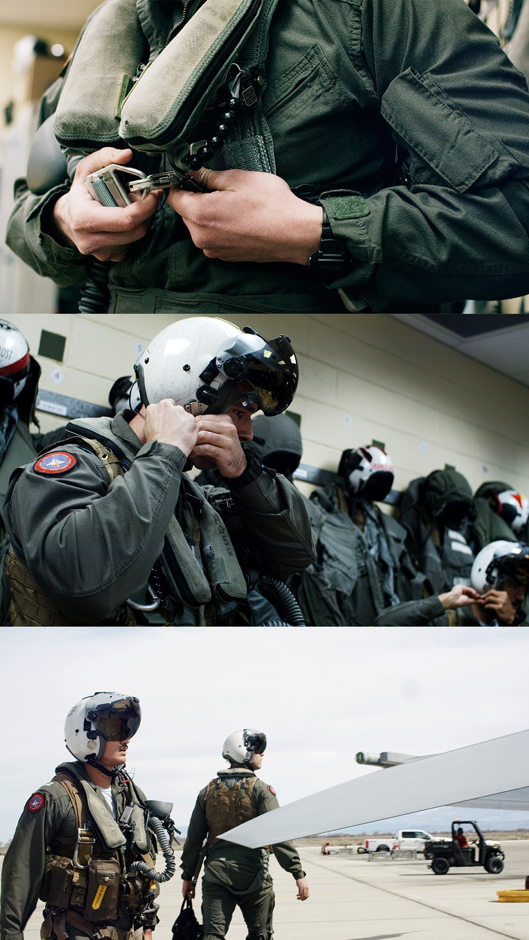 Fighter pilots in flight gear on the flight line during the Fights On documentary
